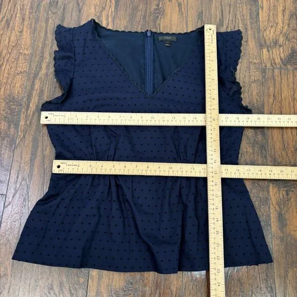 J. Crew Top 12 Navy Blue Swiss Dot Peplum Flutter Sleeve Scalloped V-Neck Blouse - Picture 7 of 11